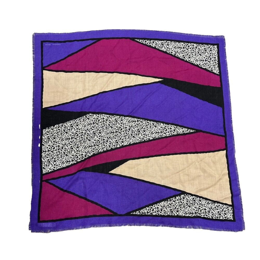 Geoffrey Beene Wool Scarf Italy 34X34”Lightweight Geometric Colorful Logo Vntg
